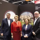 Pressetermin "easyJet stockt Streckenangebot am BER auf" (v.l.n.r.): Burkhard Kieker (CEO visitBerlin), Franziska Giffey (Wirtschaftssenatorin Berlin), Aletta von Massenbach (CEO Flughafen BER), Stephan Erler (easyJet Deutschland)