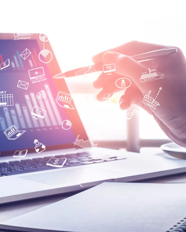 Businessman working with modern laptop and icon.strategy concept