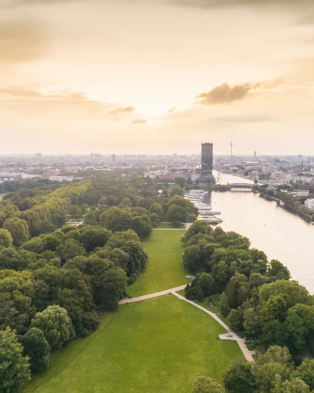 Berlin Treptower Park with city skyline on background, Berlin, Germany