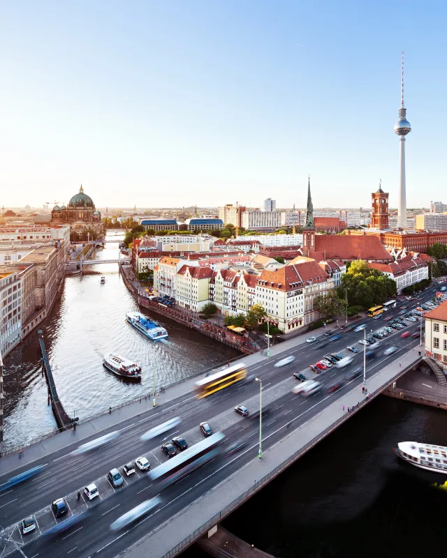 Cityscape from the east side of berlin with sunset. 