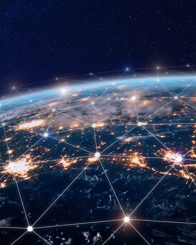 Global telecommunication network, nodes connected around earth, internet, worldwide communication