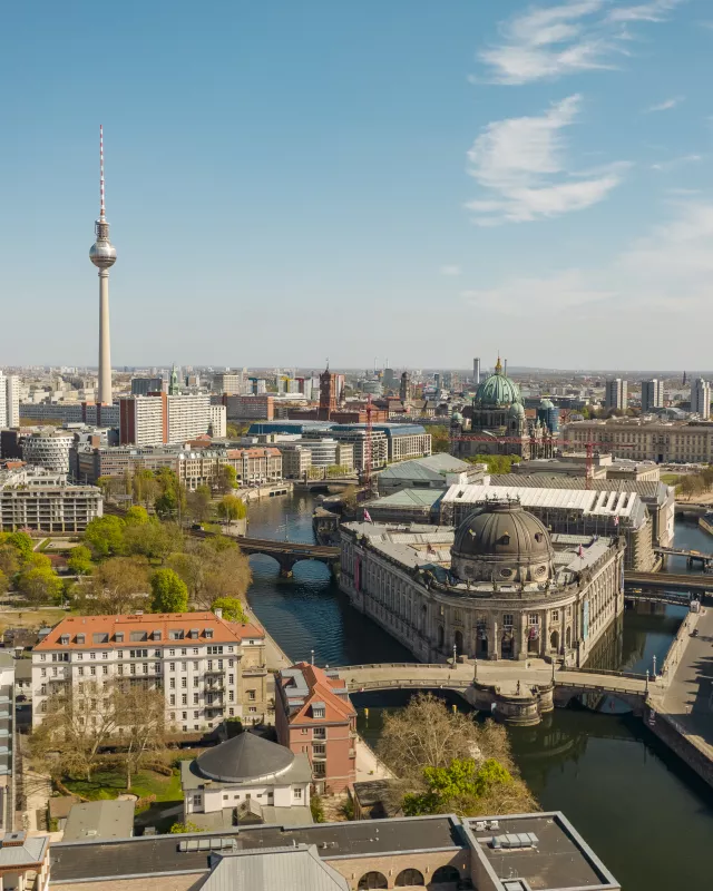 Germany, Berlin, Aerial view of Bode Museum with Fernsehturm Berlin in background Germany, Berlin, Aerial view of Bode Museum with Fernsehturm Berlin in background