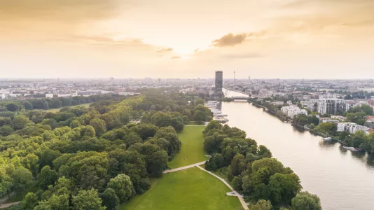 Berlin Treptower Park with city skyline on background, Berlin, Germany