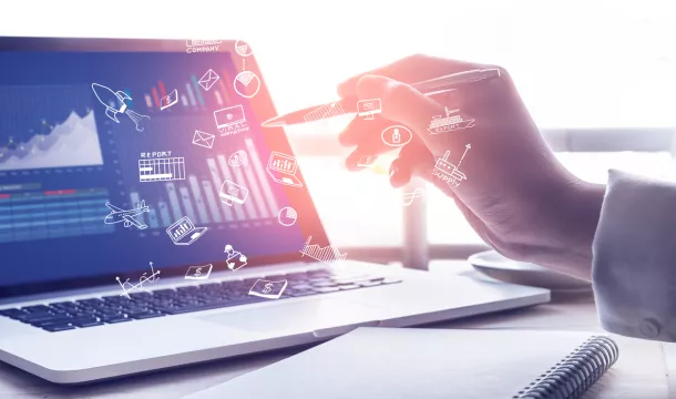 Businessman working with modern laptop and icon.strategy concept