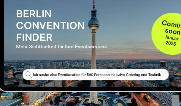 Ein Bildschirm mit der Startseite des Convention Finder Berlins