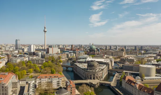 Germany, Berlin, Aerial view of Bode Museum with Fernsehturm Berlin in background
