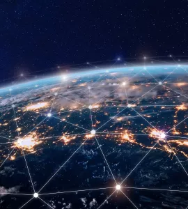 Global telecommunication network, nodes connected around earth, internet, worldwide communication