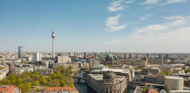 Germany, Berlin, Aerial view of Bode Museum with Fernsehturm Berlin in background
