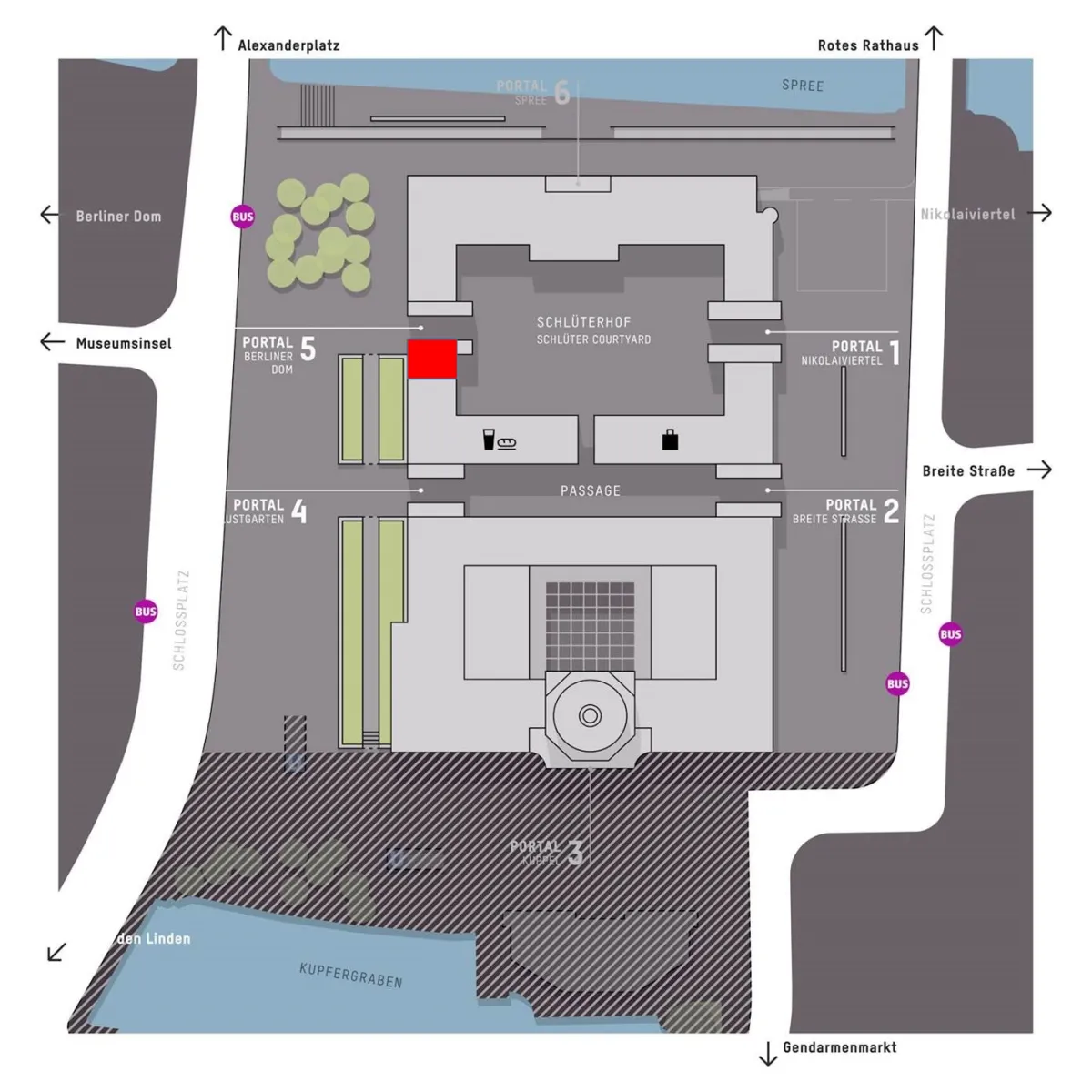 Die Lage der Berlin Tourist Info (rot markiert) im Humboldt Forum