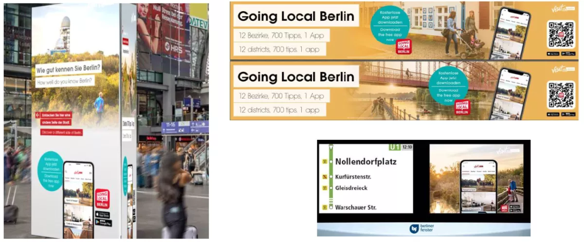 Werbemaßnahmen für die App "Going Local Berlin" per Aufsteller auf Bahnhöfen und in S- und U-Bahn
