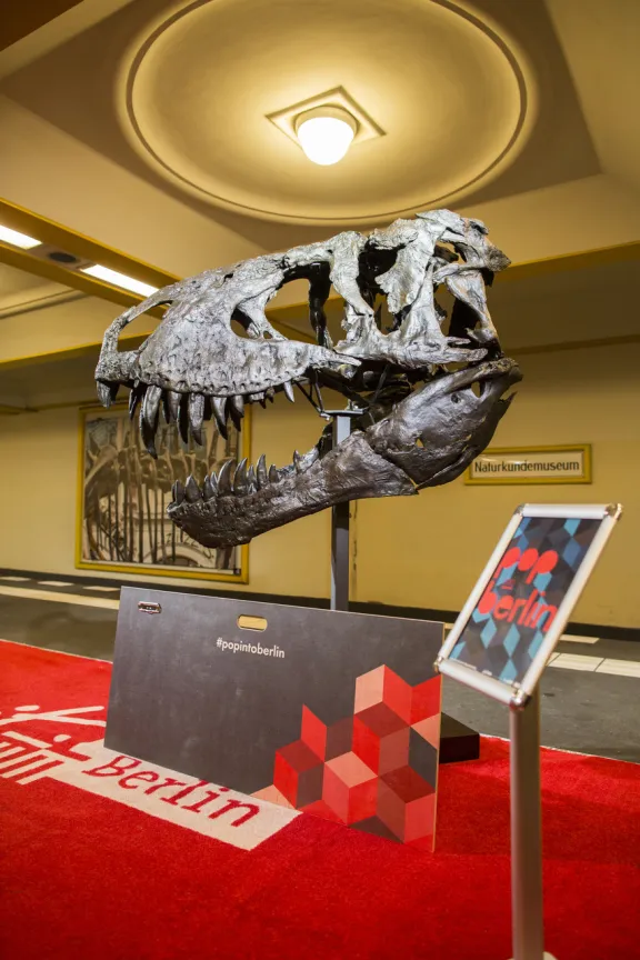 Foto: Presseauftakt zu Pop into Berlin mit T-Rex Tristan im U-Bahnhof Naturkundemuseum