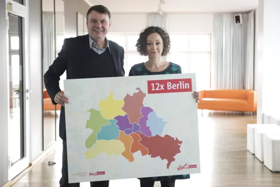 visitBerlin-Geschäftsführer Burkhard Kieker und Wirtschaftssenatorin Ramona Pop beim Bezirkstermin