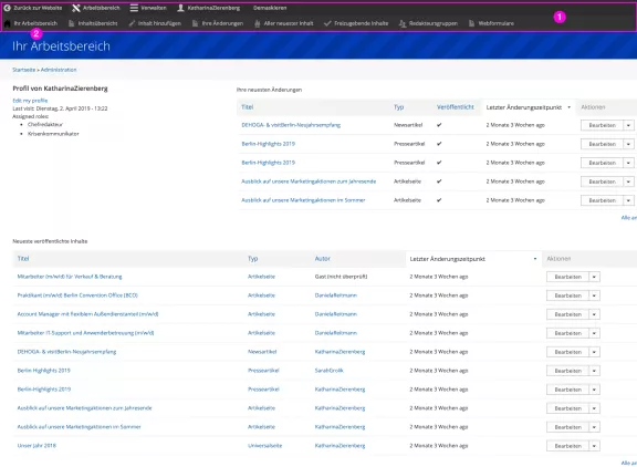 Drupal Backend Arbeitsbereich Screenshot: Drupal Backend Arbeitsbereich