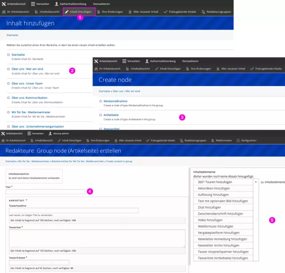 Drupal Backend Inhalt hinzufügen Screenshot: Drupal Backend Inhalt hinzufügen