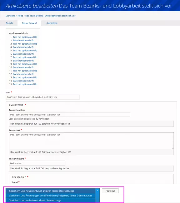 Drupal Backend Inhalte speichern Screenshot: Drupal Backend Inhalte speichern