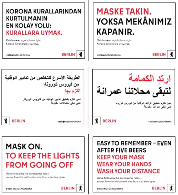 Typoplakate auf Türkisch, Arabisch und Englisch