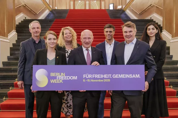 Announcement of the Berlin Freedom Week by Frank Ebert, Antje Schippmann, Rebecca Hernandez Garcia, the Governing Mayor Kai Wegner, Leopoldo López, Burkhard Kieker and Nilofar Ayoubi (v.l.n.r.) PK zur Berlin Freedom Week